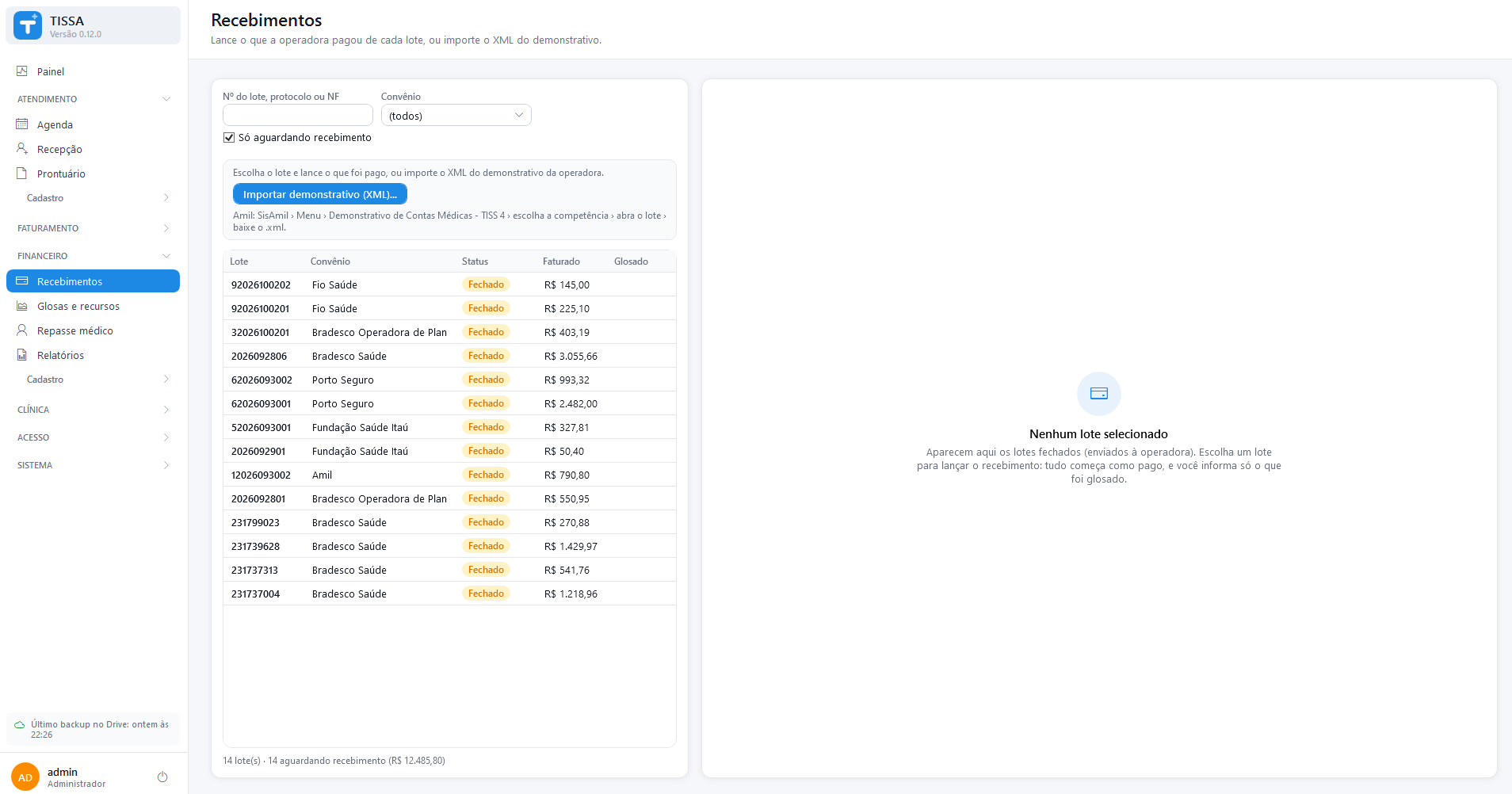 Tela de recebimentos do TISSA com lotes e importação de demonstrativo XML